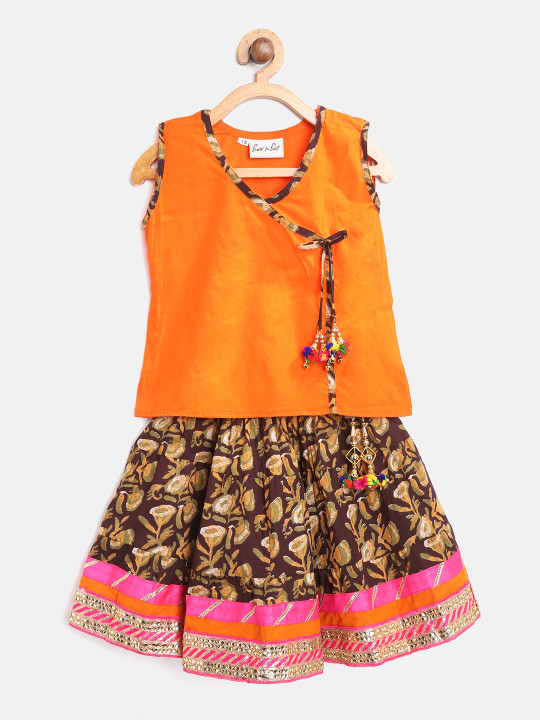 Girls Brown & Orange Ready to Wear Lehenga with Blouse