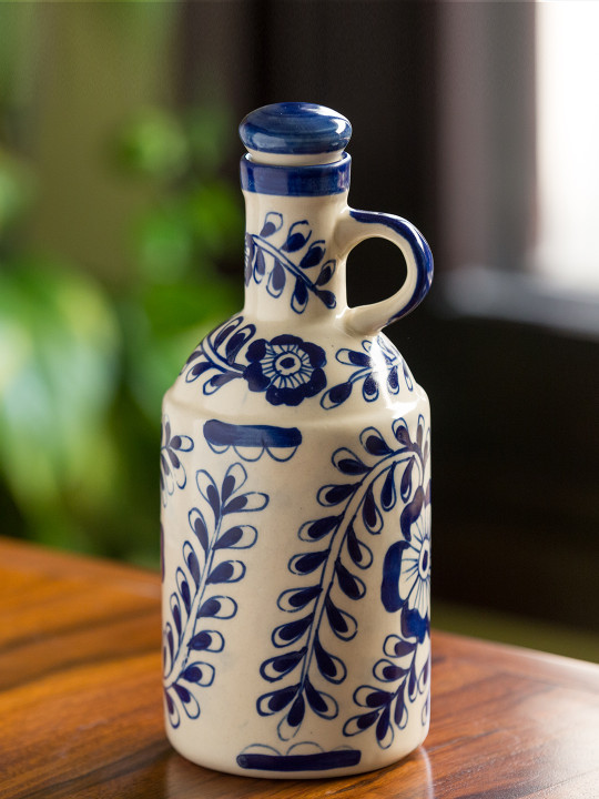 ExclusiveLane White & Blue Mughal Gardens Handcrafted Ceramic Printed Oil Dispenser