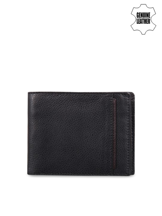 Men Black Genuine Leather Solid Two Fold Wallet