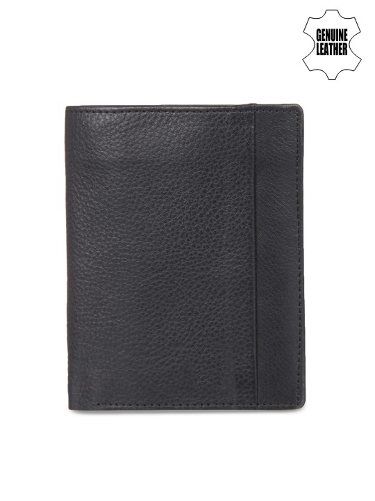 Men Black Genuine Leather Solid Two Fold Wallet