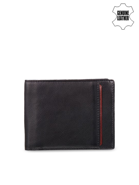 Men Black Genuine Leather Solid Two Fold Wallet