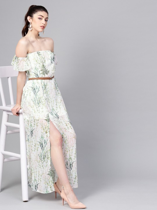 Women Off-White & Green Printed Maxi Dress