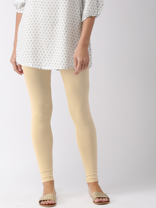 Women Cream-Coloured Solid Ankle-Length Leggings