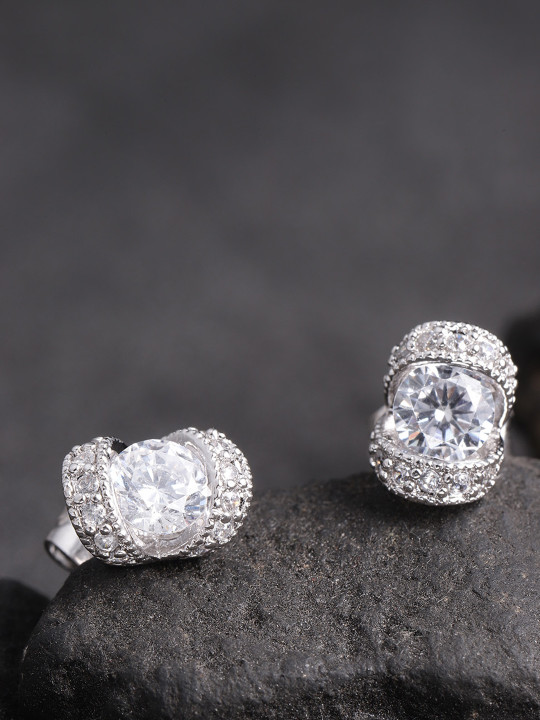 Carlton London Silver-Toned Rhodium-Plated CZ-Studded Contemporary Studs
