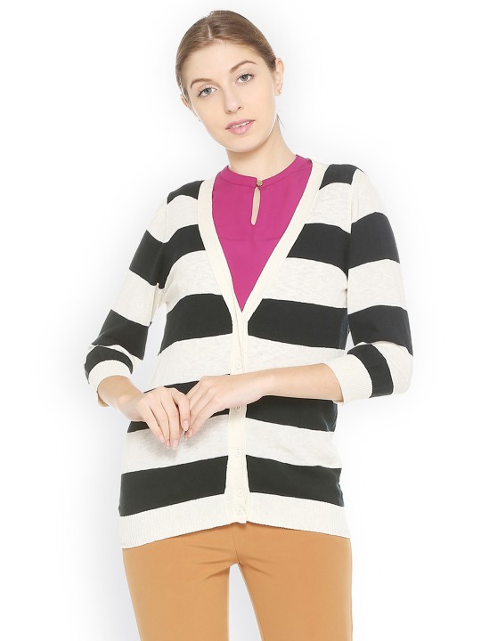 White & Black Striped Cardigan XS