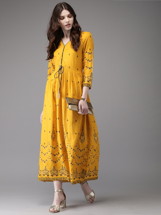 Anouk Women Yellow & Navy Blue Printed Anarkali Kurta