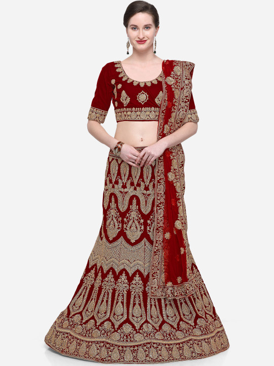 Maroon Semi-Stitched Lehenga & Blouse with Dupatta
