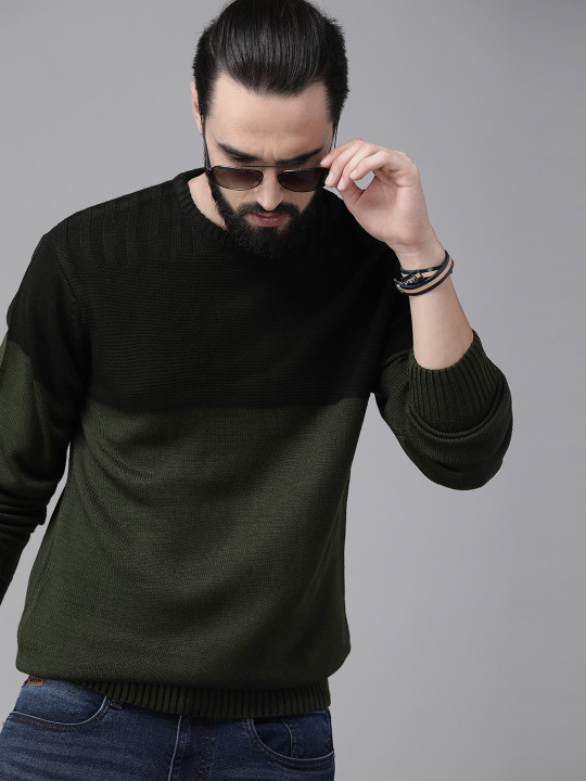 Roadster The Lifestyle Co Men Black & Olive Green Colourblocked Pullover Sweater