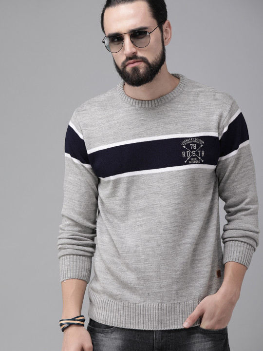Roadster The Lifestyle Co Men Grey & Navy Blue Striped Pullover Sweater