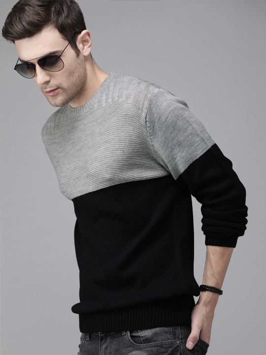 Roadster The Lifestyle Co Men Black & Grey Colourblocked Pullover Sweater