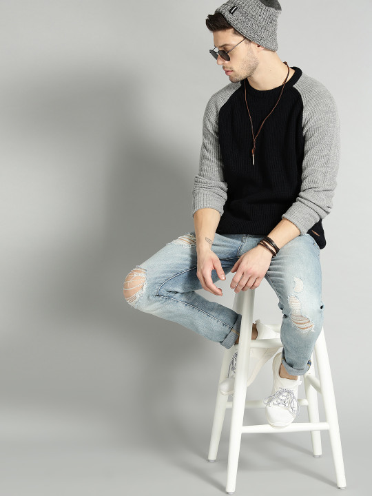 Roadster The Lifestyle Co Men Navy Blue & Grey Ribbed Sweater