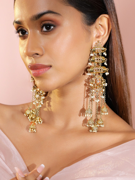 18K Mehndi Gold-Plated Kundan Studded Layered Shoulder Duster Jhumka Earrings
