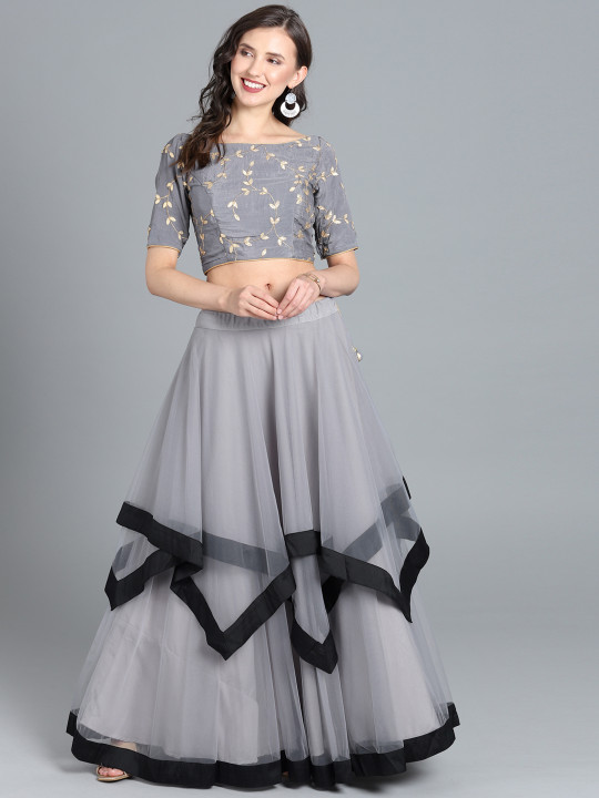Grey Net Layered Made to Measure Lehenga & Choli Set