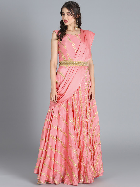 Pink & Gold-Toned Embroidered Made to Measure Lehenga & Blouse with Dupatta