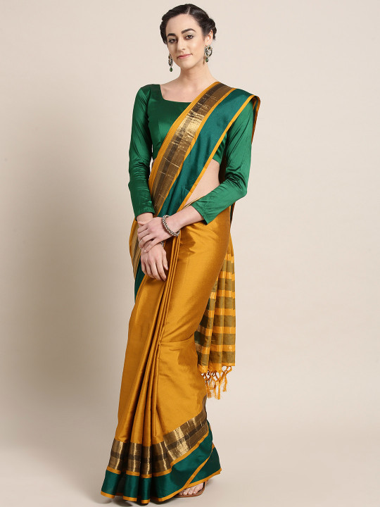 Mustard Yellow & Green Solid Saree