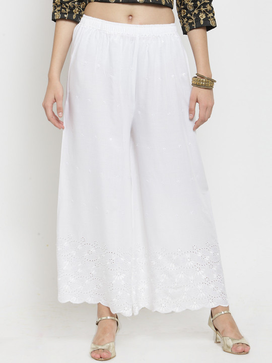 Clora Creation Women White Embroidered Flared Palazzos