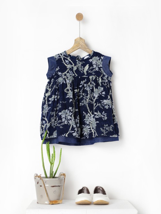 Girls Navy Garden Print Empire-Line Dress 2-3Y