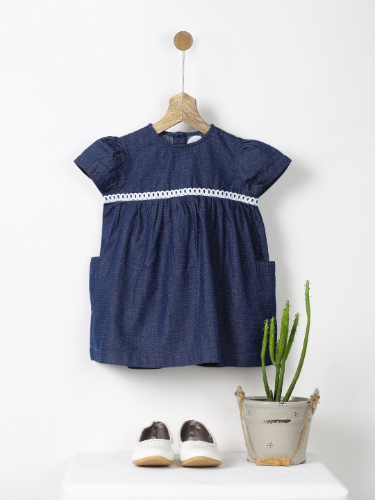 Girls Blue Polka Dot Patterned Denim A-Line Dress 2-3Y