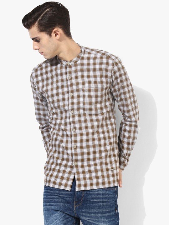Brown Checked Slim Fit Casual Shirt 36