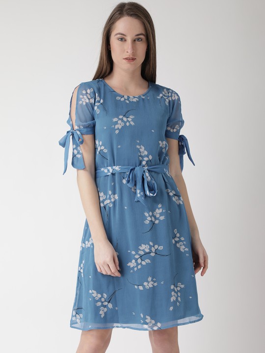 Women Blue Printed A-Line Dress M