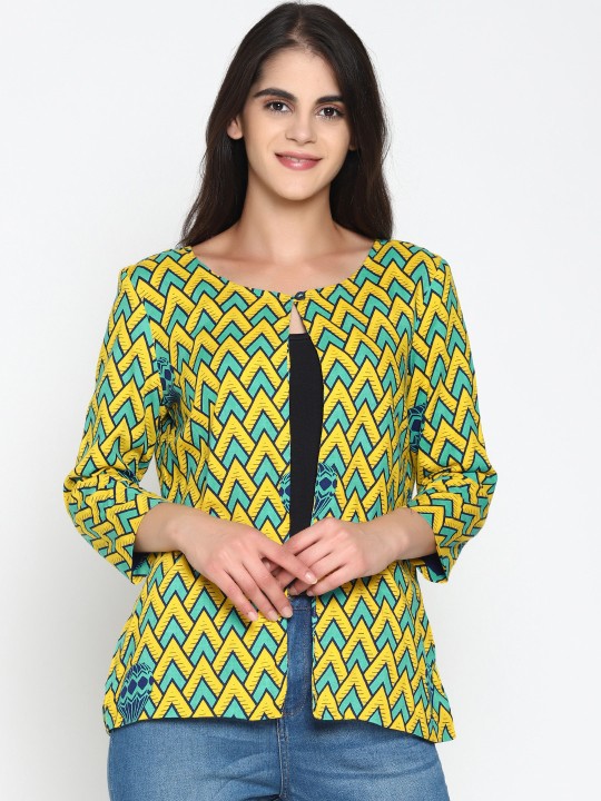 Women Yellow & Sea Green Printed Button Shrug S