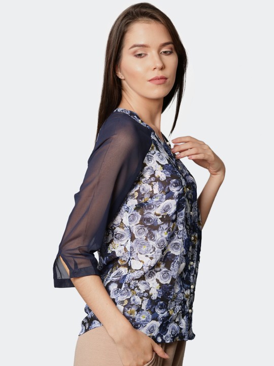 Women Blue Floral Print Top S