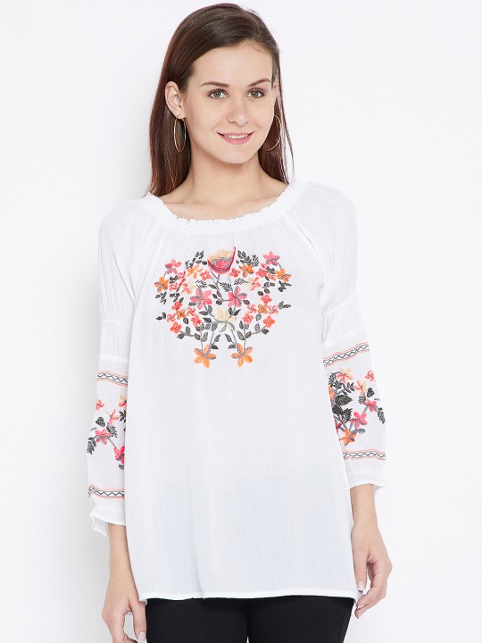 Women White Embroidered Top S