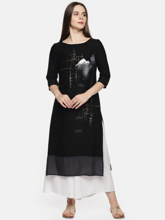Women Black Printed Straight Kurta XS