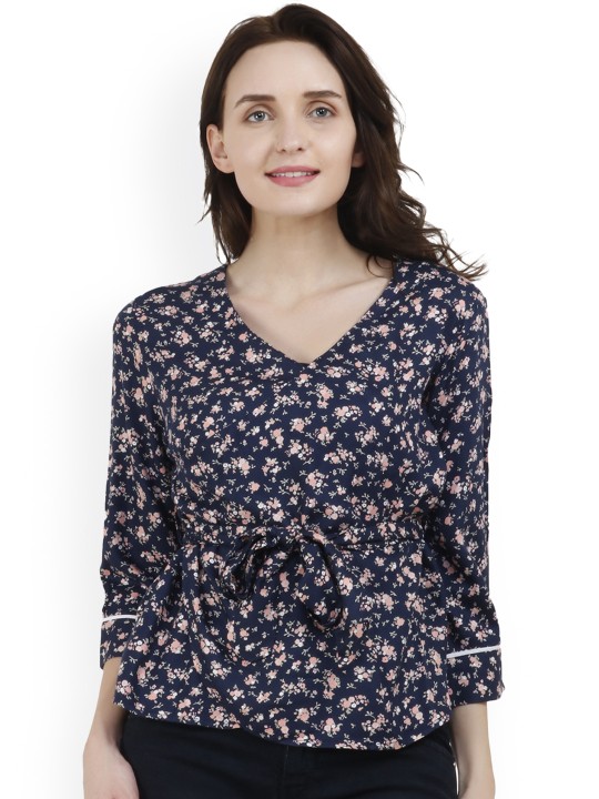 Women Navy Blue Printed Cinched Waist Top S