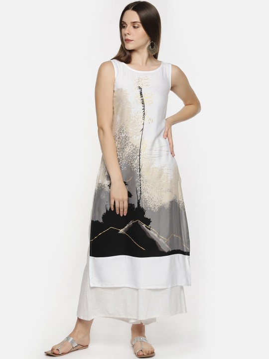 Women Off-White Printed Straight Kurta S
