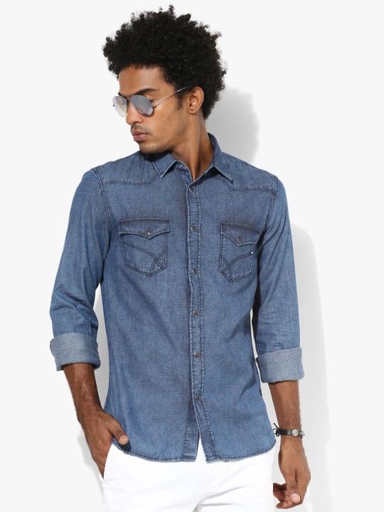 Navy Blue Self Design Slim Fit Denim Shirt 38