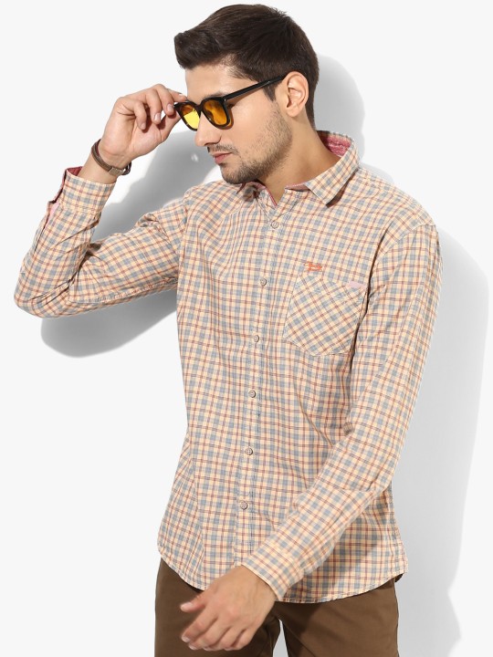 beige Checked Slim Fit Casual Shirt 38