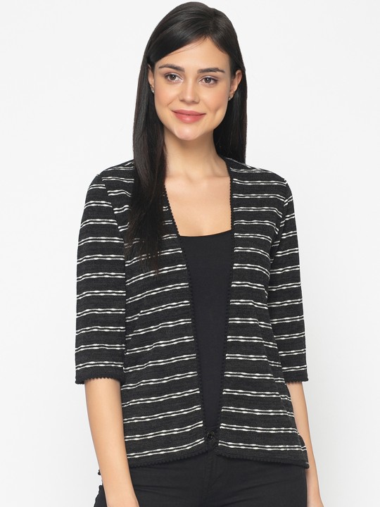 Women Grey & White Striped Open Front Shrug XS