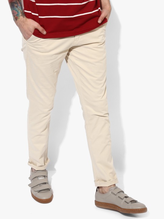 Cream Solid Regular Fit Chinos 30