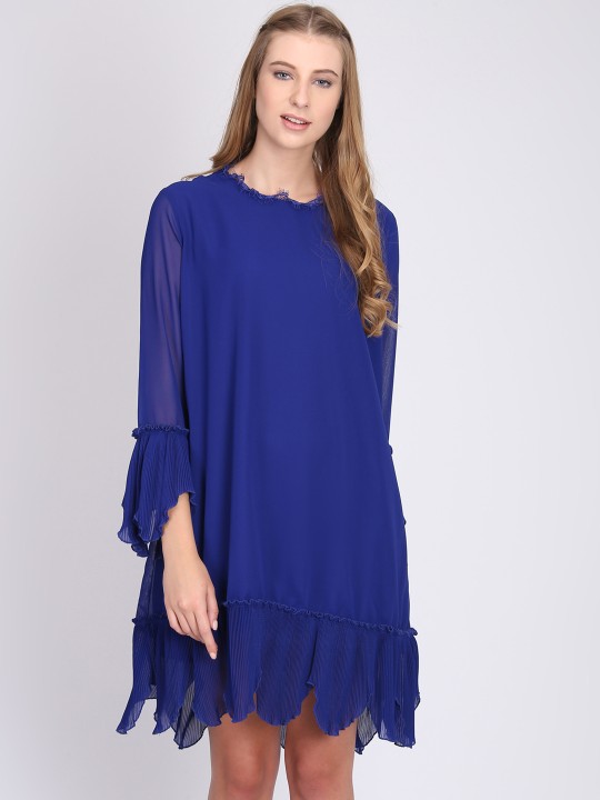 Women Blue Solid A-Line Dress XS