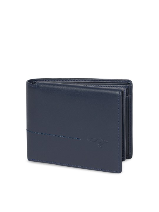 Men Navy Blue Solid Two Fold Leather Wallet