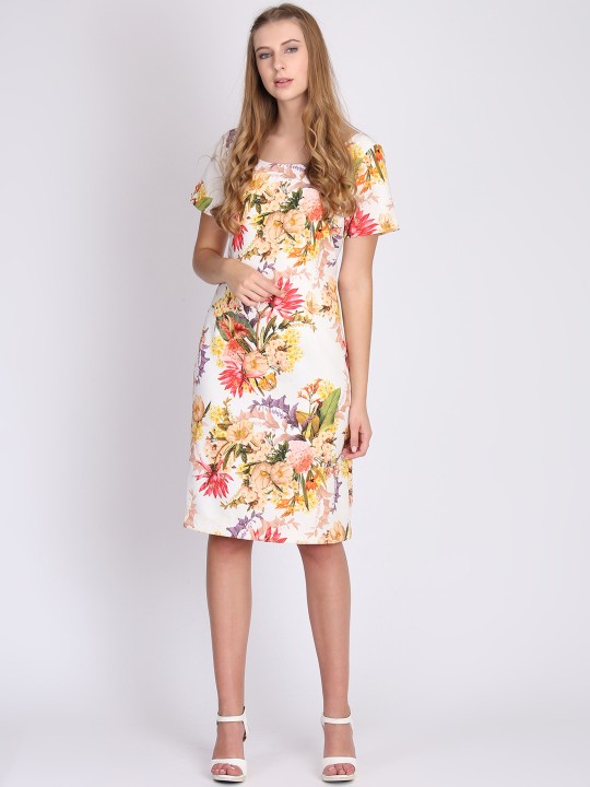 Women White Printed Sheath Dress XS