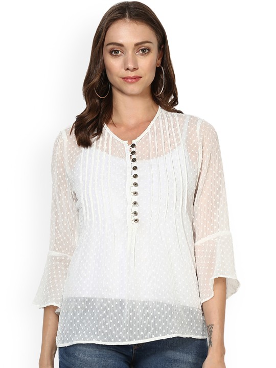 Women White Solid Top M