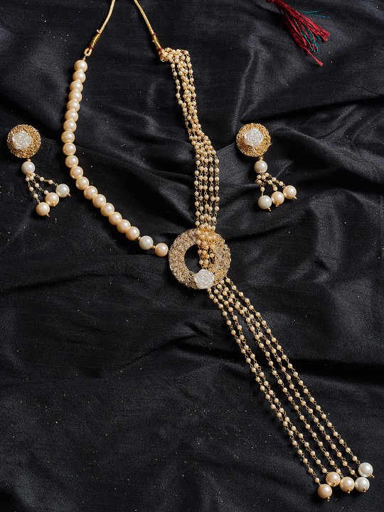 Gold-Toned & White Pearl & Stones Embedded Handcrafted Jewellery Set