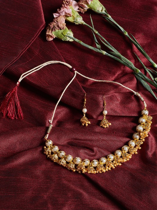 Gold-Toned & White Pearl & Stones Embedded Handcrafted Jewellery Set