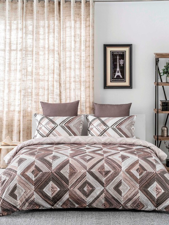 Brown Geometric Flat 144 TC Cotton 1 King Bedsheet with 2 Pillow Covers