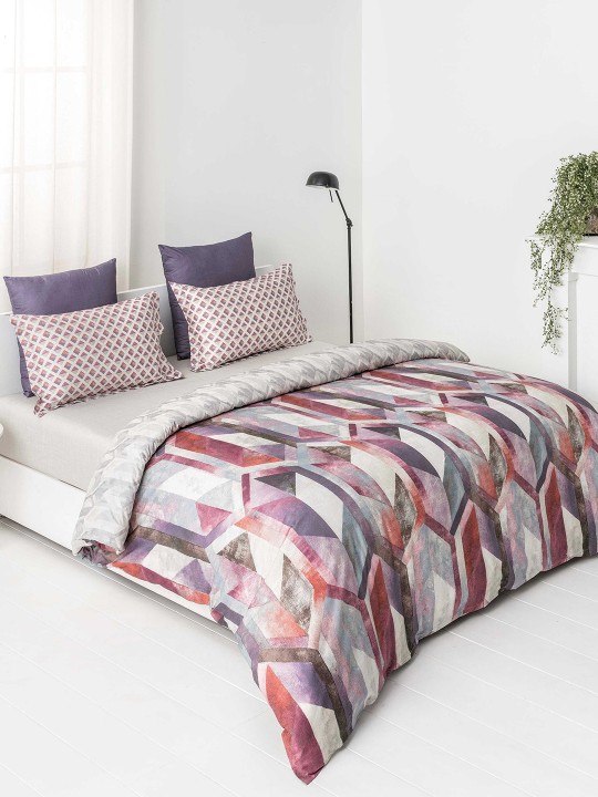Purple Geometric Flat 150 TC Cotton 1 King Bedsheet with 2 Pillow Covers