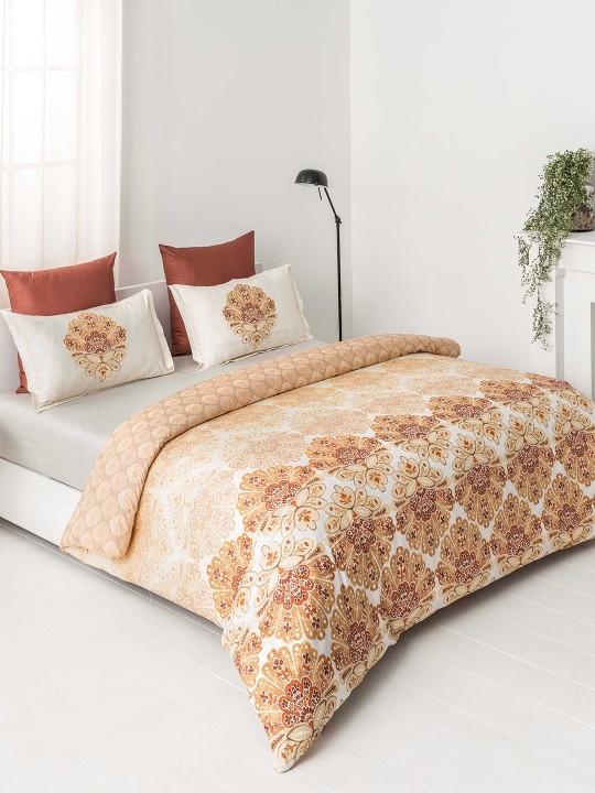 Yellow & Orange Ethnic Motifs Flat 150 TC Cotton Bedsheet with 2 Pillow Covers