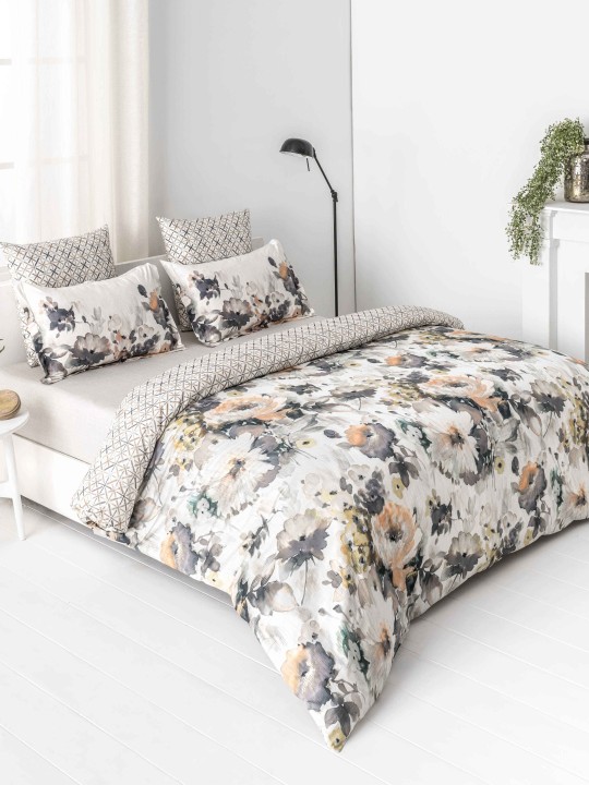 Grey & Beige Floral Flat 210 TC Cotton 1 King Bedsheet with 2 Pillow Covers