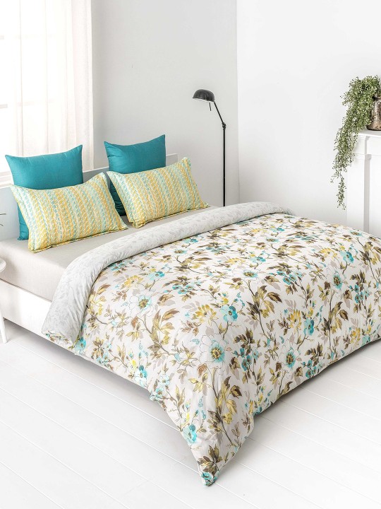 Beige Brown Floral Flat 300 TC Cotton King Bedsheet with 2 Pillow Covers