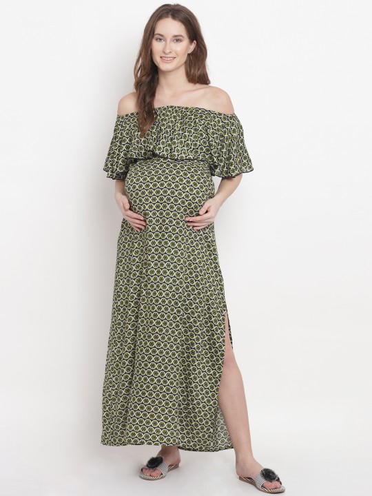 Women Olive Green Printed Maxi Dress S
