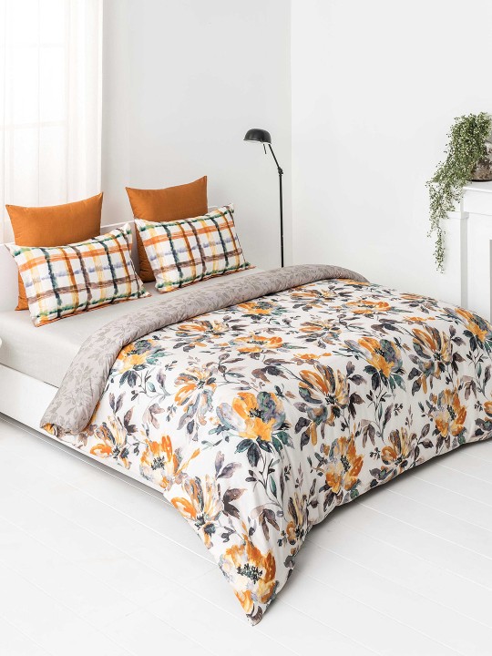 Yellow & White Floral Flat 150 TC Cotton 1 Queen Bedsheet with 2 Pillow Covers