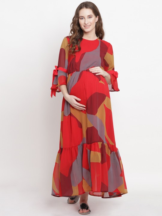 Women Red Printed Maternity Maxi Dress S