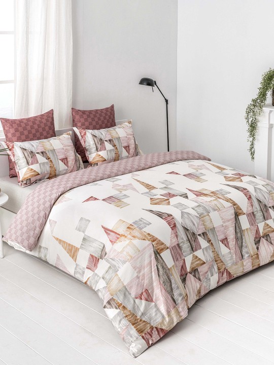 Off-White & Brown Geometric Flat 210 TC Cotton 1 King Bedsheet with 2 Pillow Covers