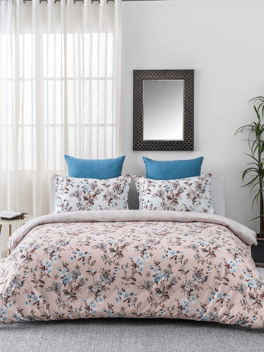 Beige Floral Flat 144 TC Cotton 1 Queen Bedsheet with 2 Pillow Covers